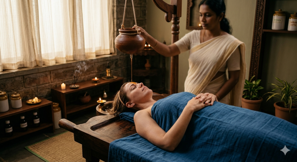 “Person receiving Shirodhara for depression treatment, relaxing atmosphere, Ayurvedic therapy room”